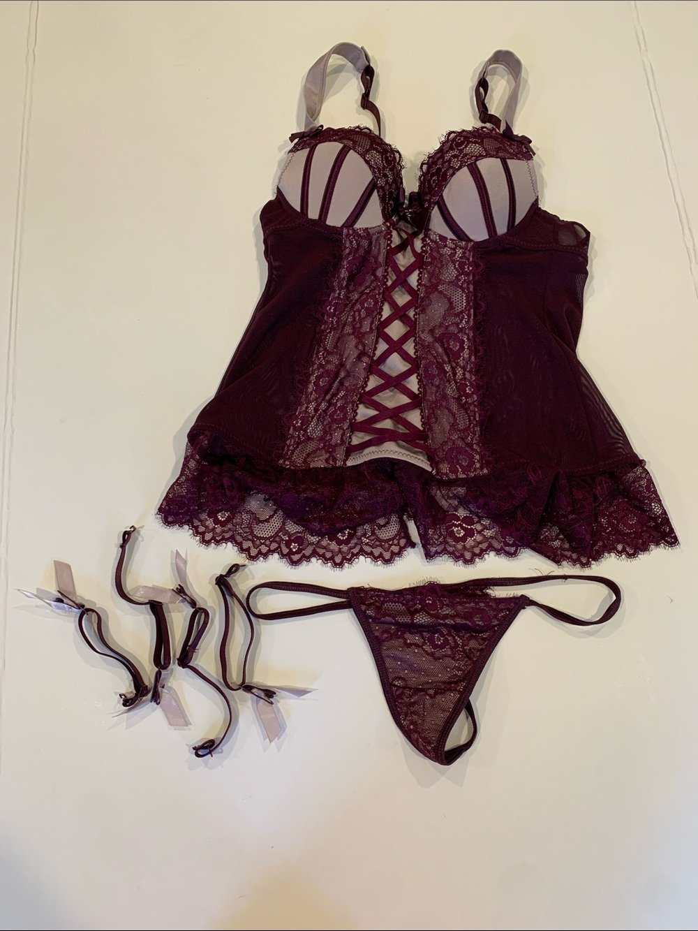 Lovehoney Boudoir Belle Push-Up Basque Corset Set Women’s Small Plum Lace-Trim